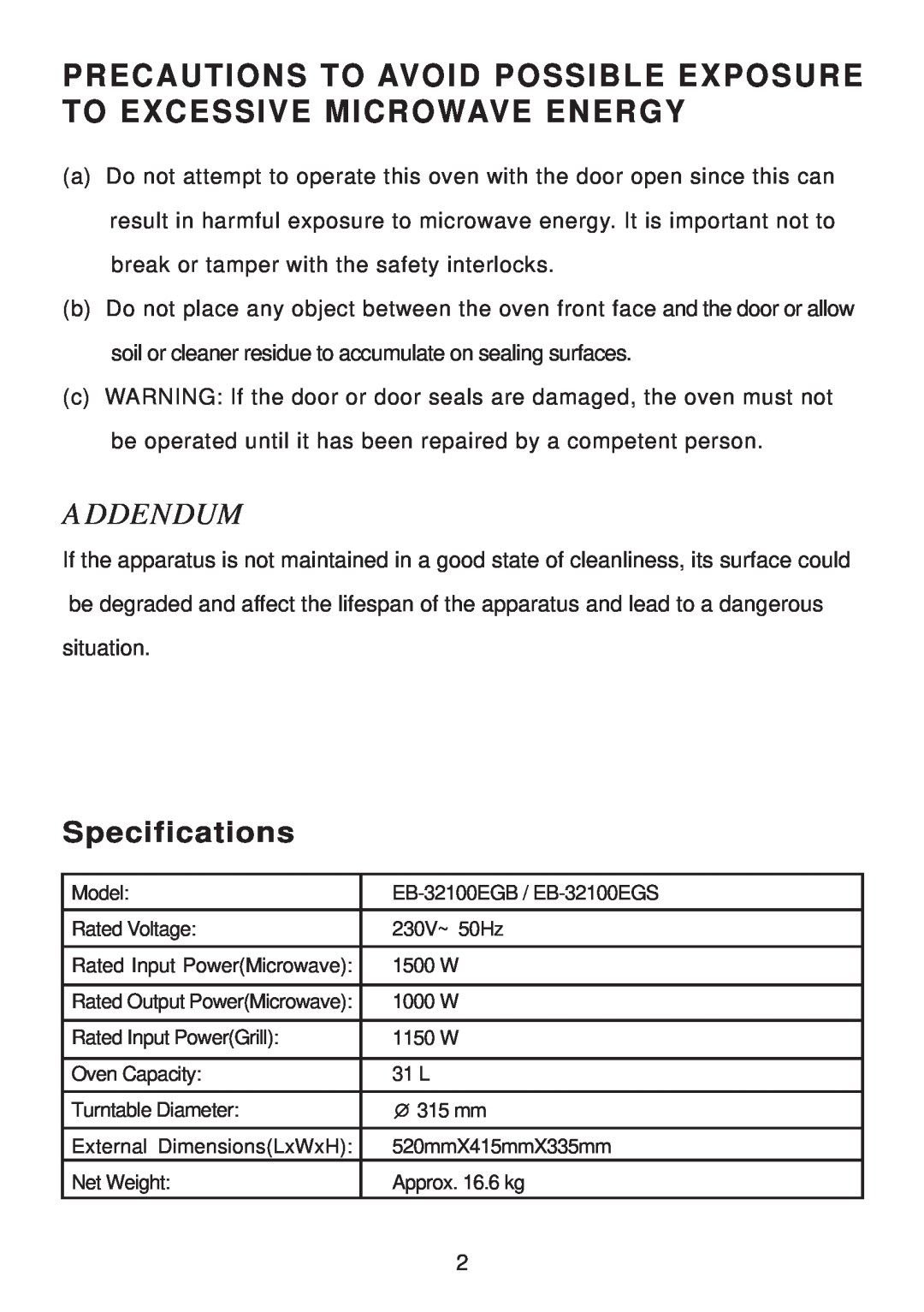 Haier EB-32100EGB manual Precautions To Avoid Possible Exposure To Excessive Microwave Energy, Specifications, Addendum 
