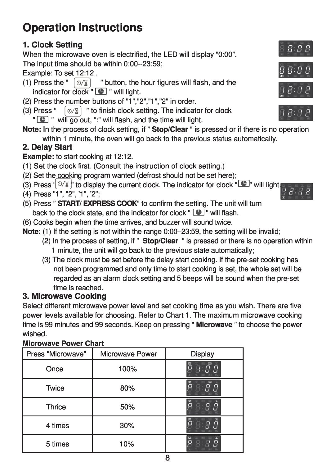 Haier EB-32100EGB manual Operation Instructions, Clock Setting, Delay Start, Microwave Cooking, Microwave Power Chart 