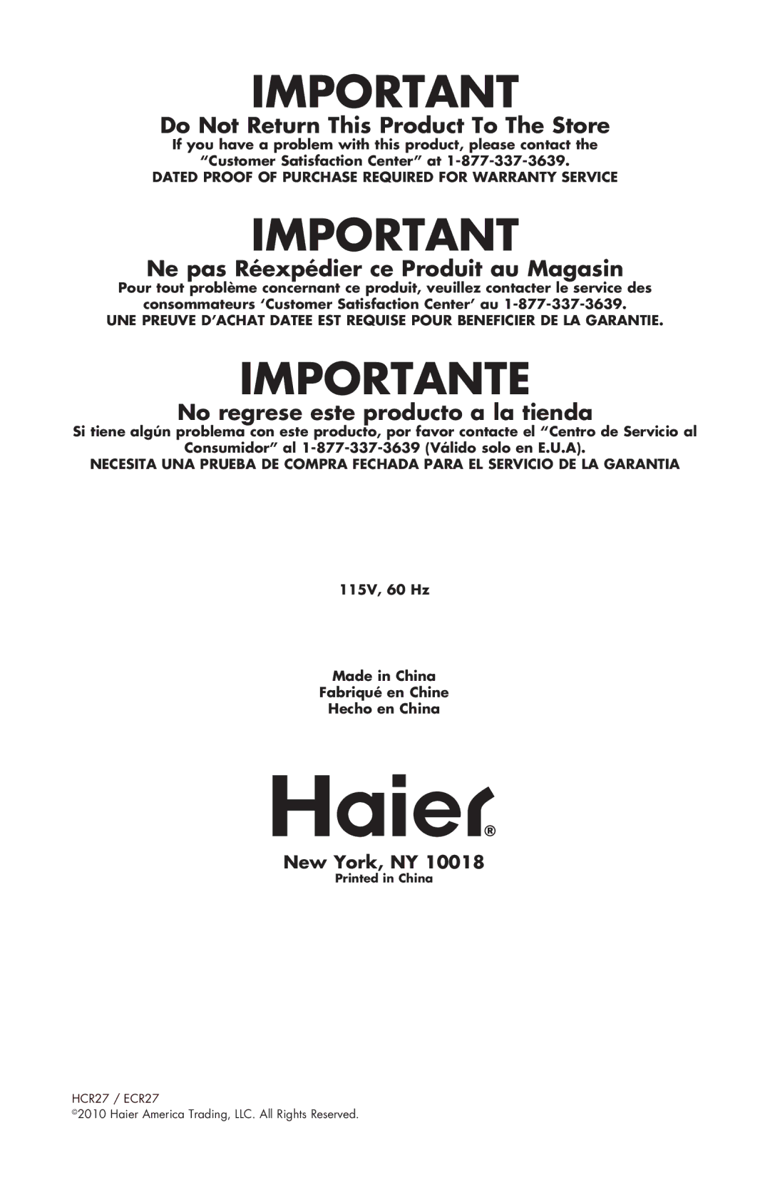 Haier ECR27B warranty Importante 