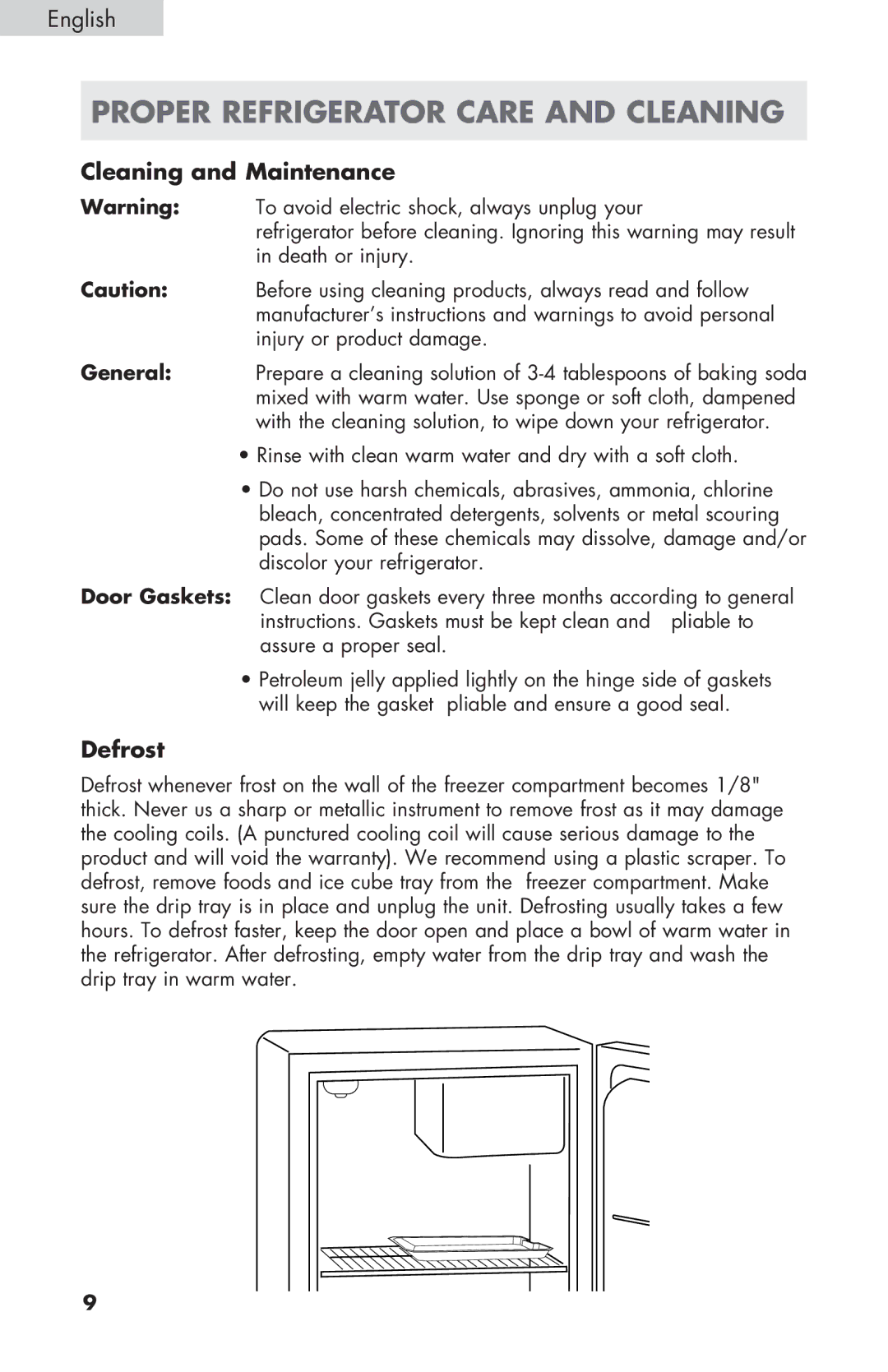 Haier ECR27B warranty Proper refrigerator care and cleaning, Cleaning and Maintenance, Defrost 