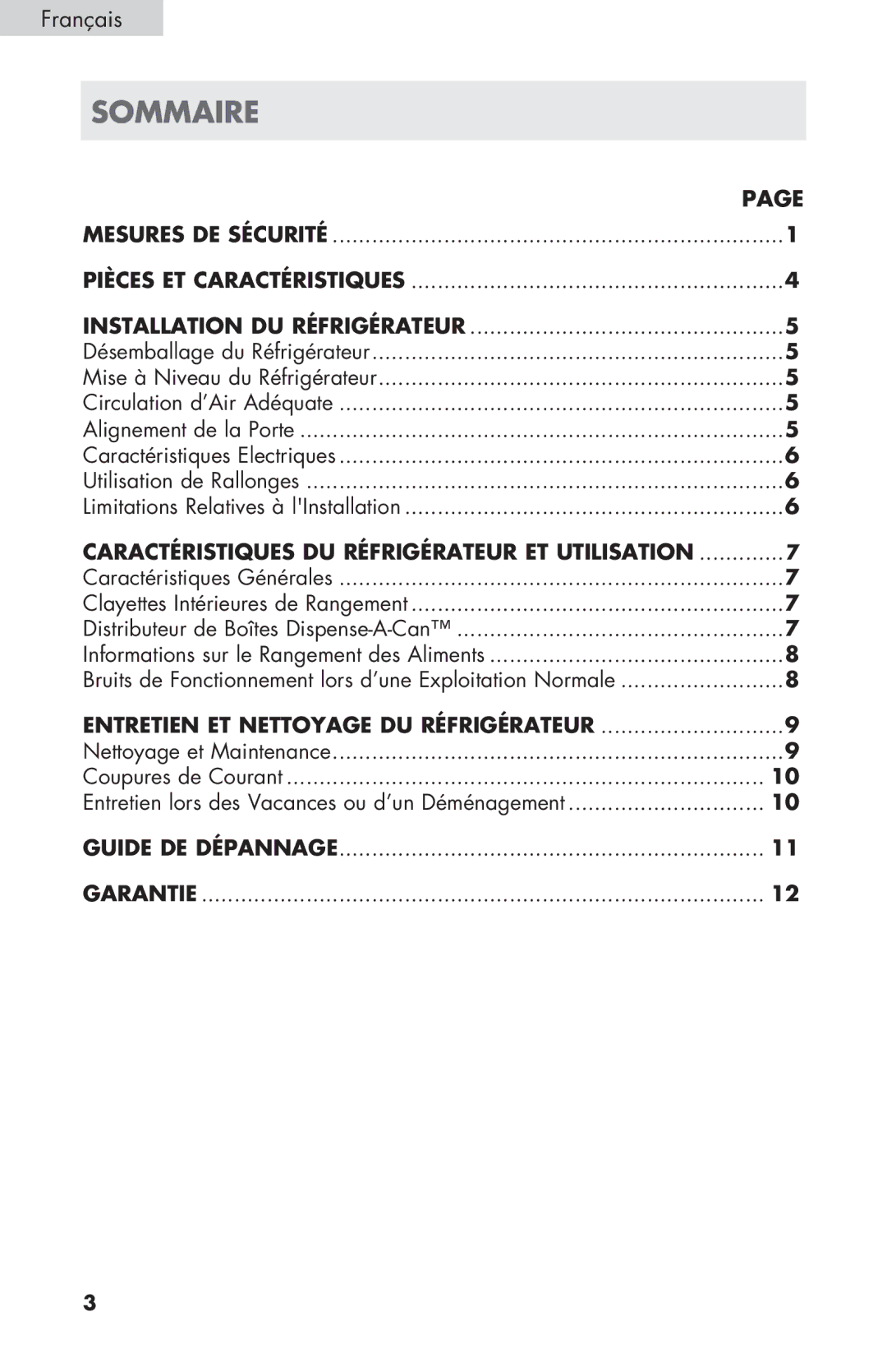 Haier ECR27B warranty Sommaire, Français, Installation du Réfrigérateur, Caractéristiques du réfrigérateur et utilisation 