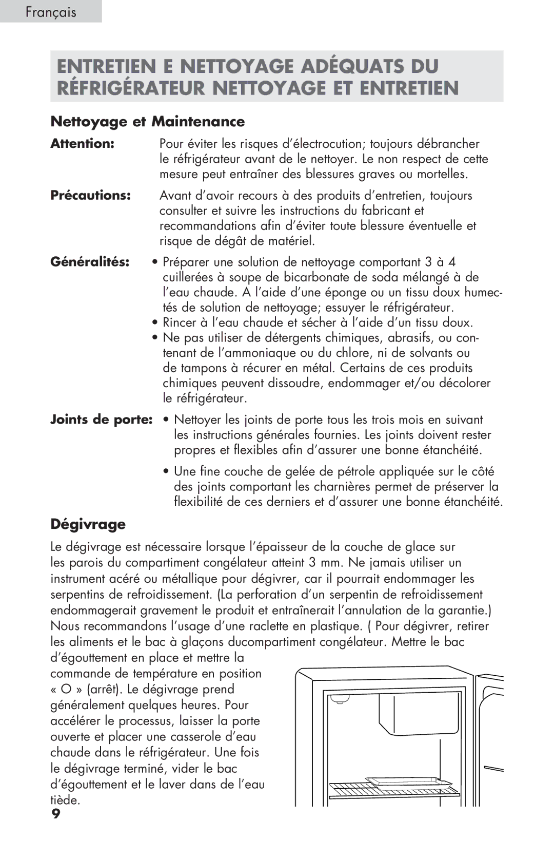 Haier ECR27B warranty Nettoyage et Maintenance, Dégivrage 