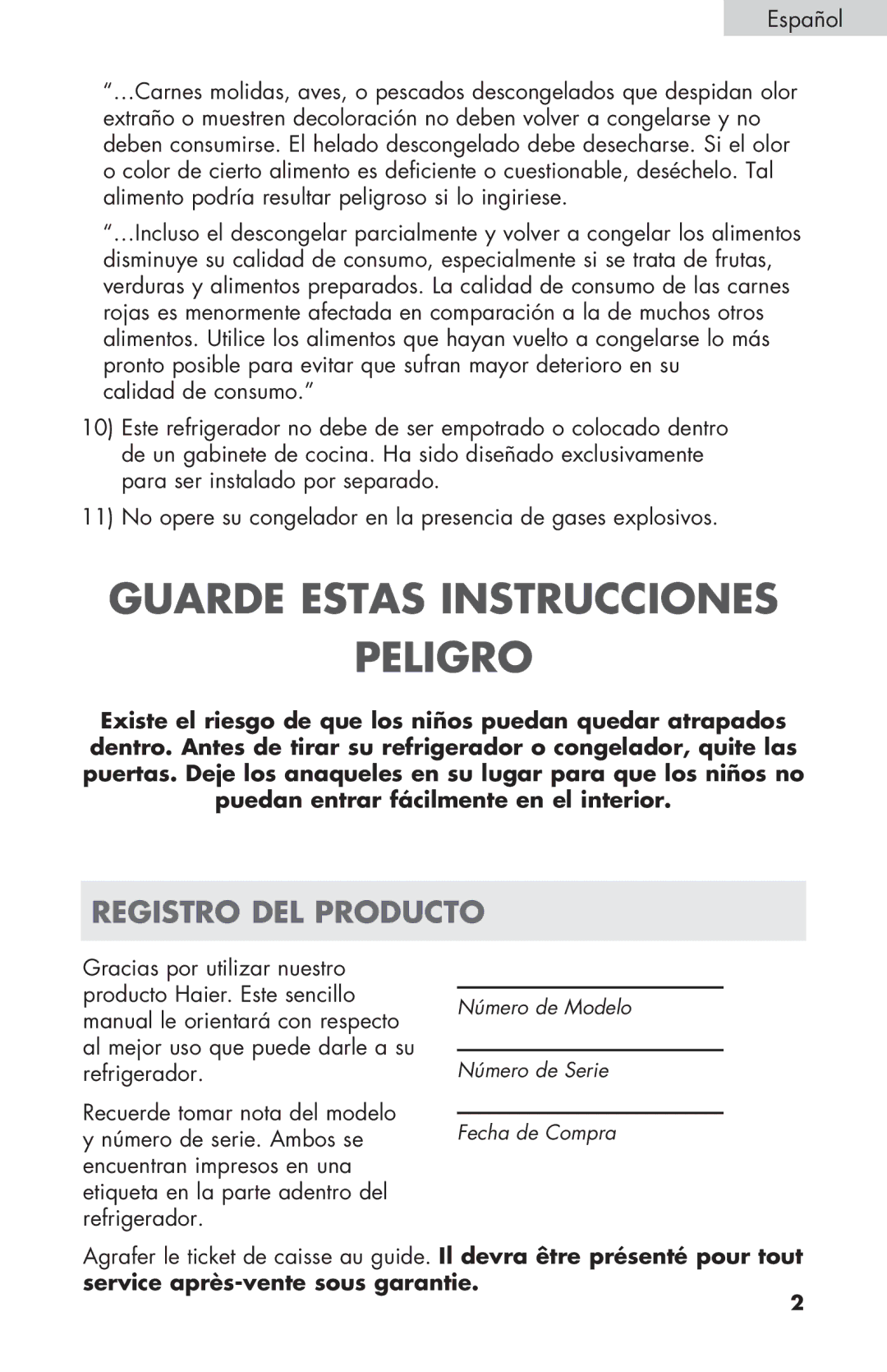 Haier ECR27B warranty Guarde Estas Instrucciones Peligro 