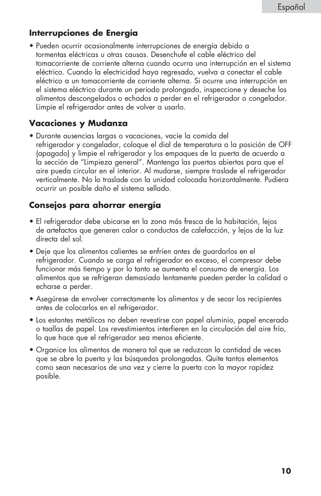 Haier ECR27B warranty Interrupciones de Energía, Vacaciones y Mudanza, Consejos para ahorrar energía 