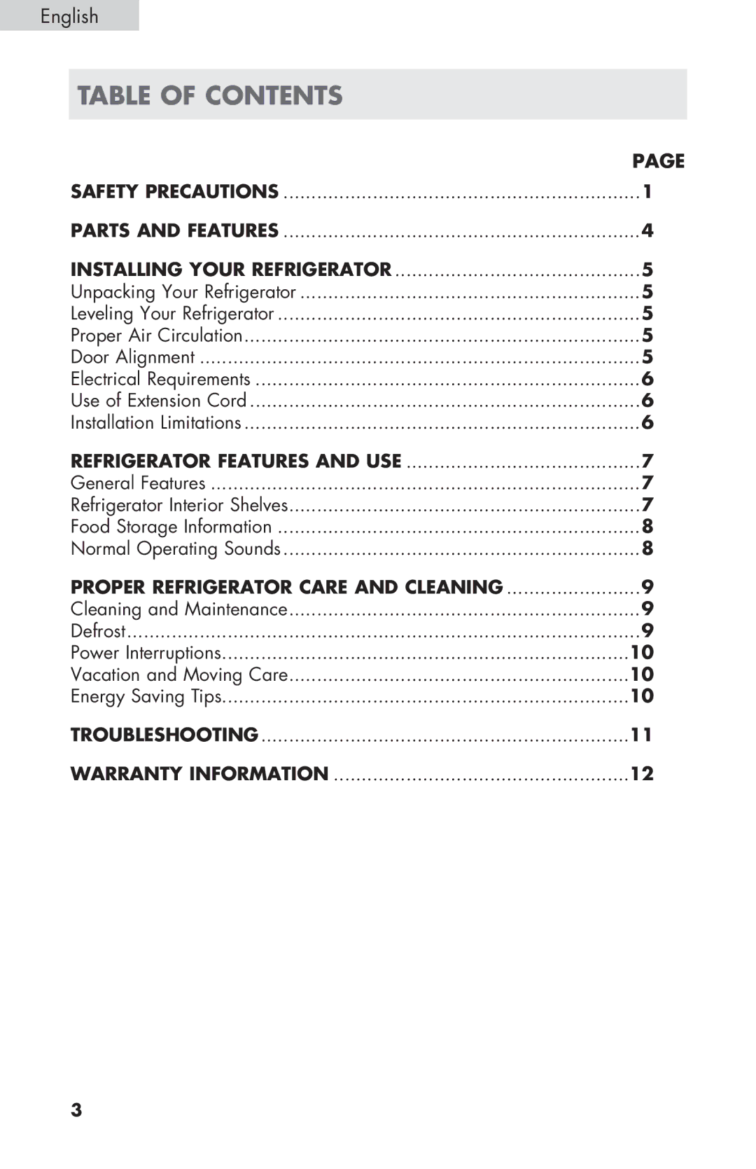 Haier ECR27B warranty Table of contents 