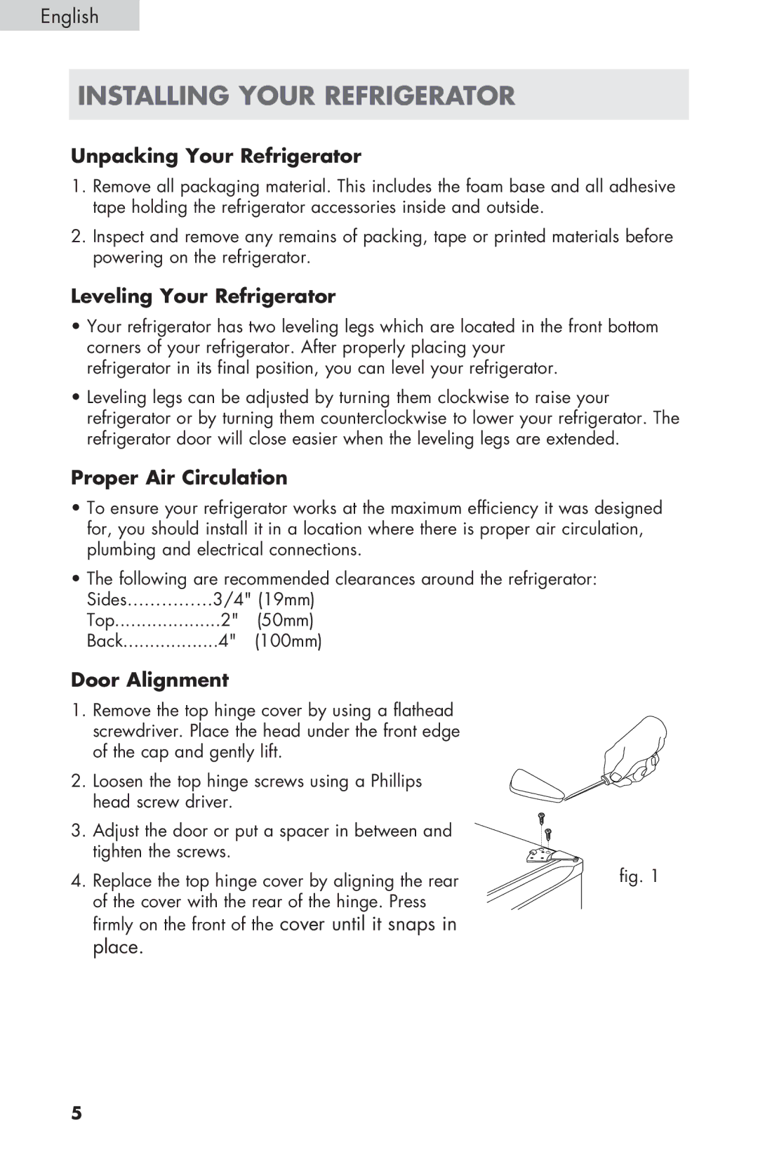 Haier ECR27B Installing your refrigerator, Unpacking Your Refrigerator, Leveling Your Refrigerator, Proper Air Circulation 