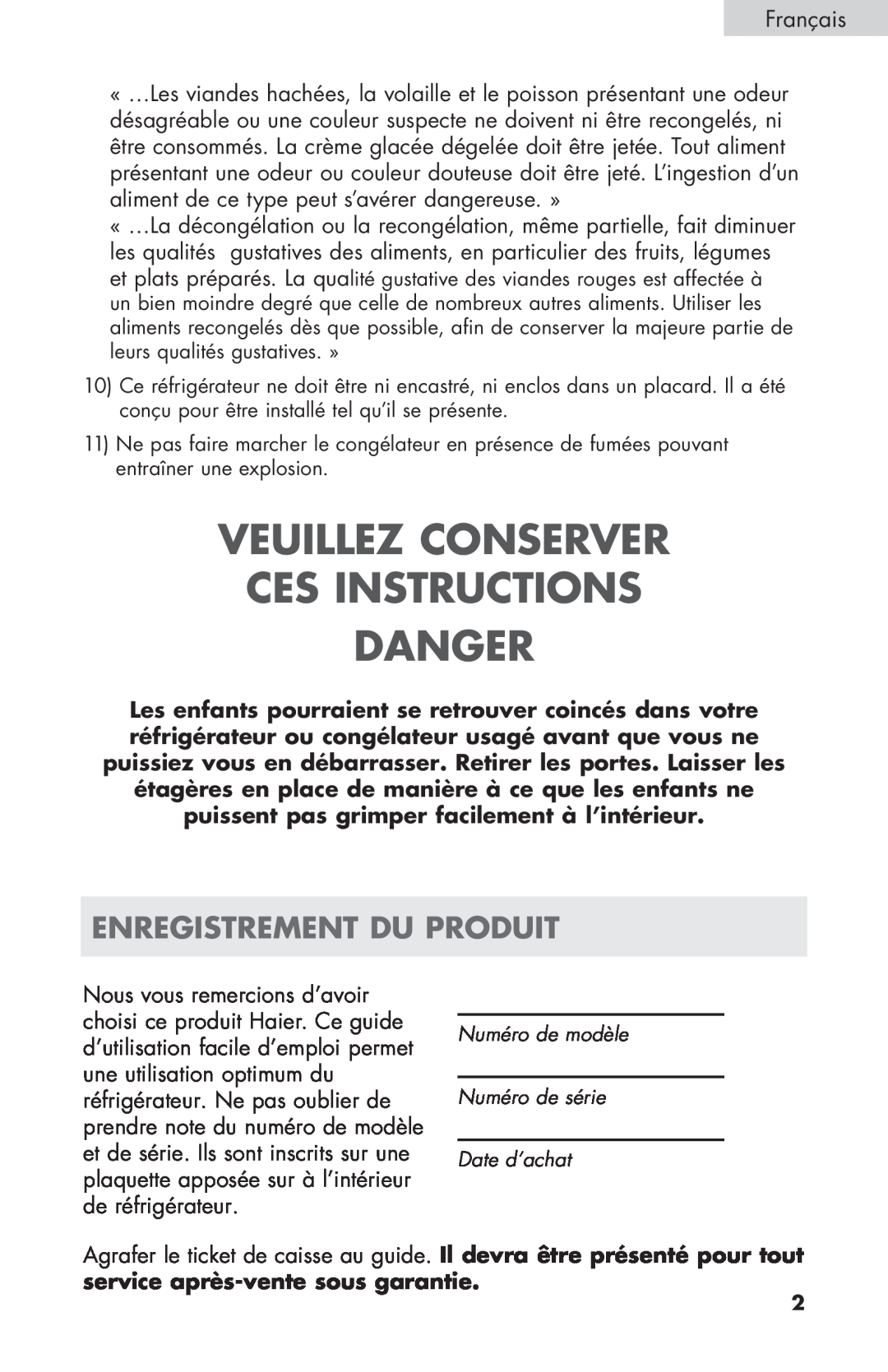 Haier ECR27B warranty Veuillez Conserver Ces Instructions Danger, Enregistrement Du Produit 