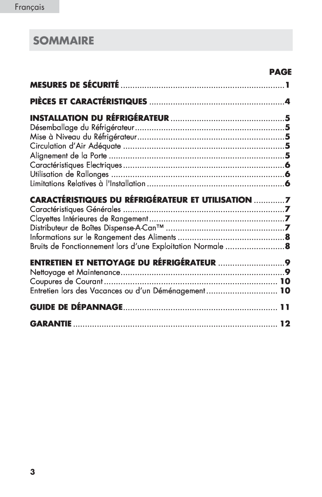 Haier ECR27B sommaire, Français, Installation du Réfrigérateur, Caractéristiques du réfrigérateur et utilisation, Page 