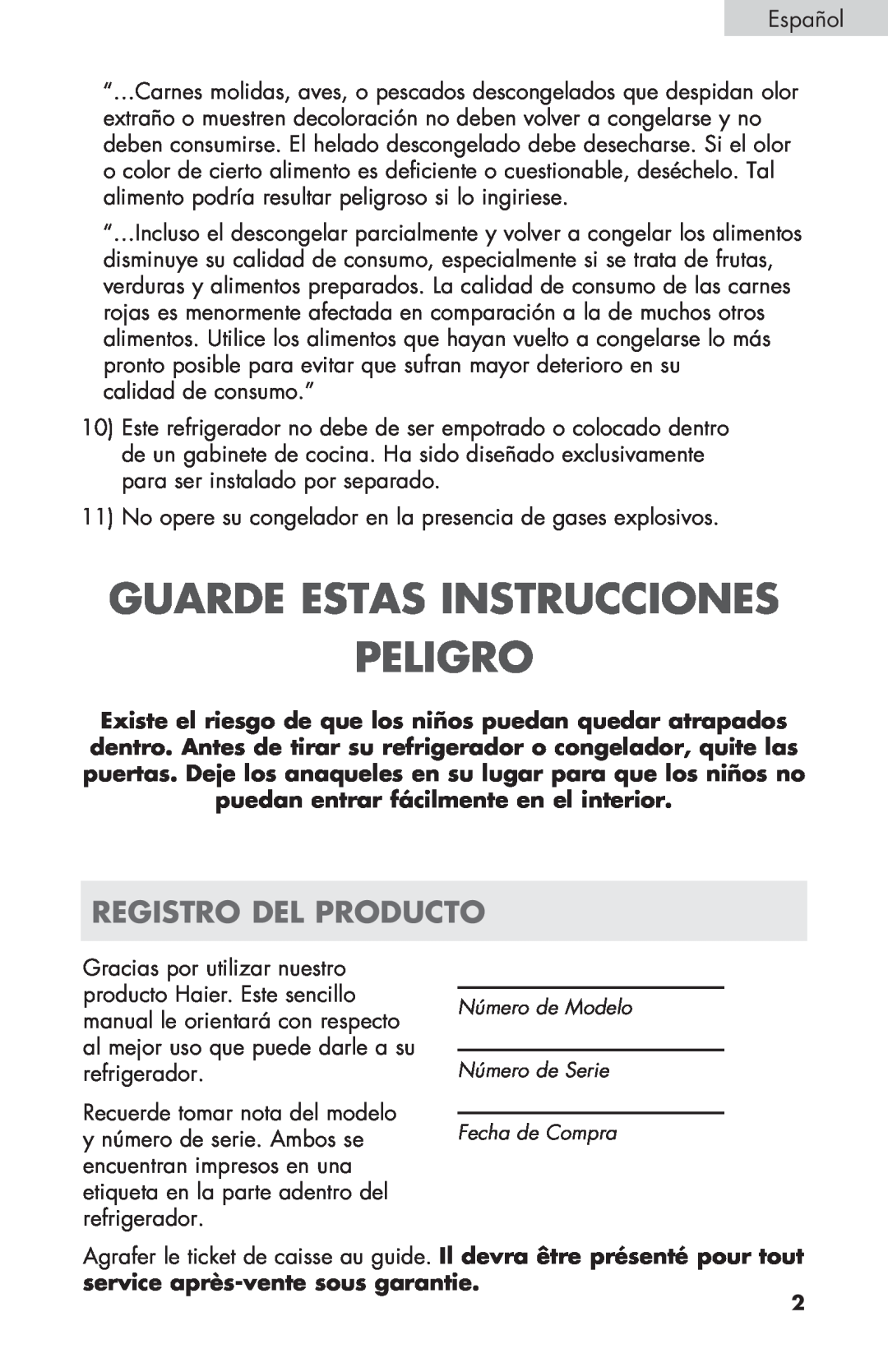 Haier ECR27B warranty Guarde Estas Instrucciones Peligro, Registro Del Producto 