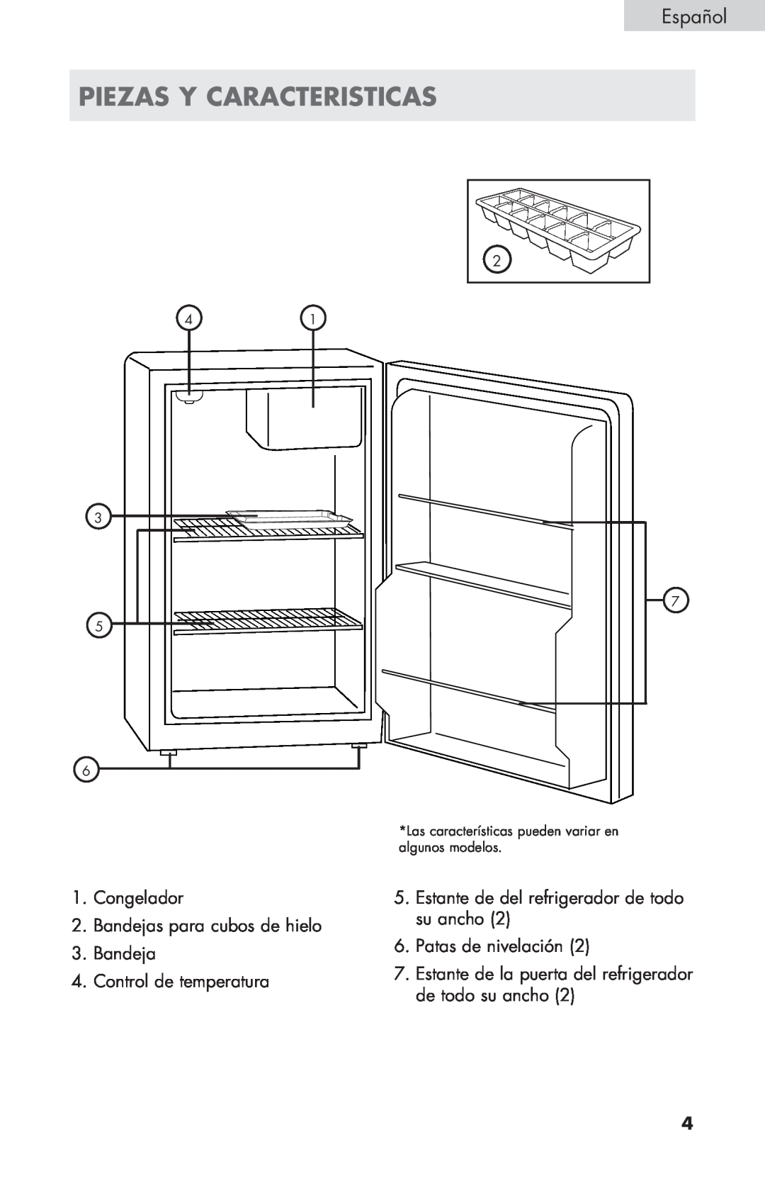 Haier ECR27B warranty piezas y caracteristicas, Congelador 2.Bandejas para cubos de hielo, Bandeja 4.Control de temperatura 