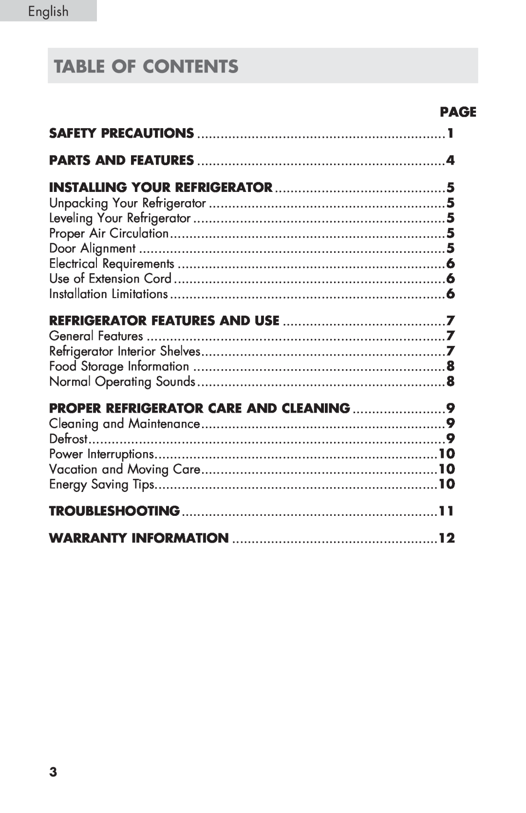 Haier ECR27B Table of contents, English, Page, Safety Precautions, Parts And Features, Installing Your Refrigerator 