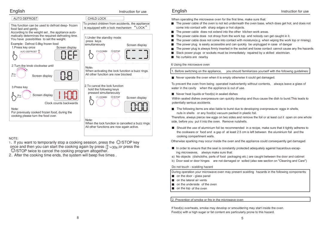 Haier ED-2485EG manual Auto Defrost, Example Defrost 0.8kg frozen food, Child Lock 