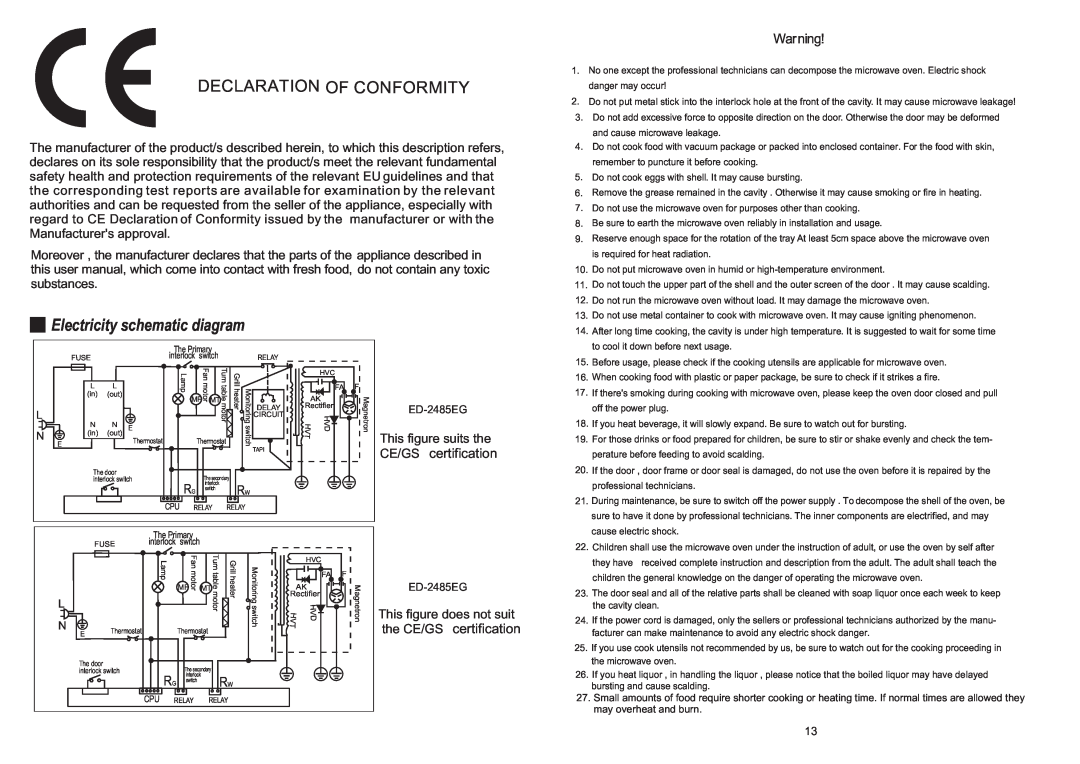 Haier ED-2485EG manual This figure suits the CE/GS certification, This figure does not suit, Electricity schematic diagram 