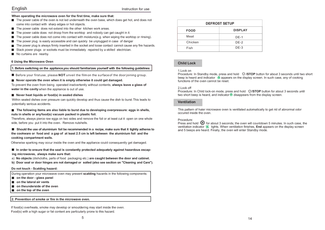 Haier EO-2080EGV Never heat liquids or foods in sealed dishes, Prevention of smoke or fire in the microwave oven 