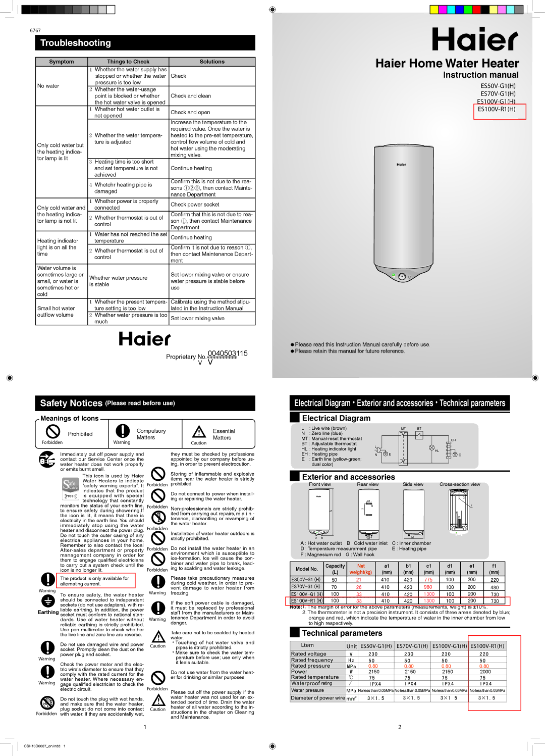 Haier ES50V-G1(H) instruction manual Troubleshooting, Electrical Diagram, Exterior and accessories, Technical parameters 