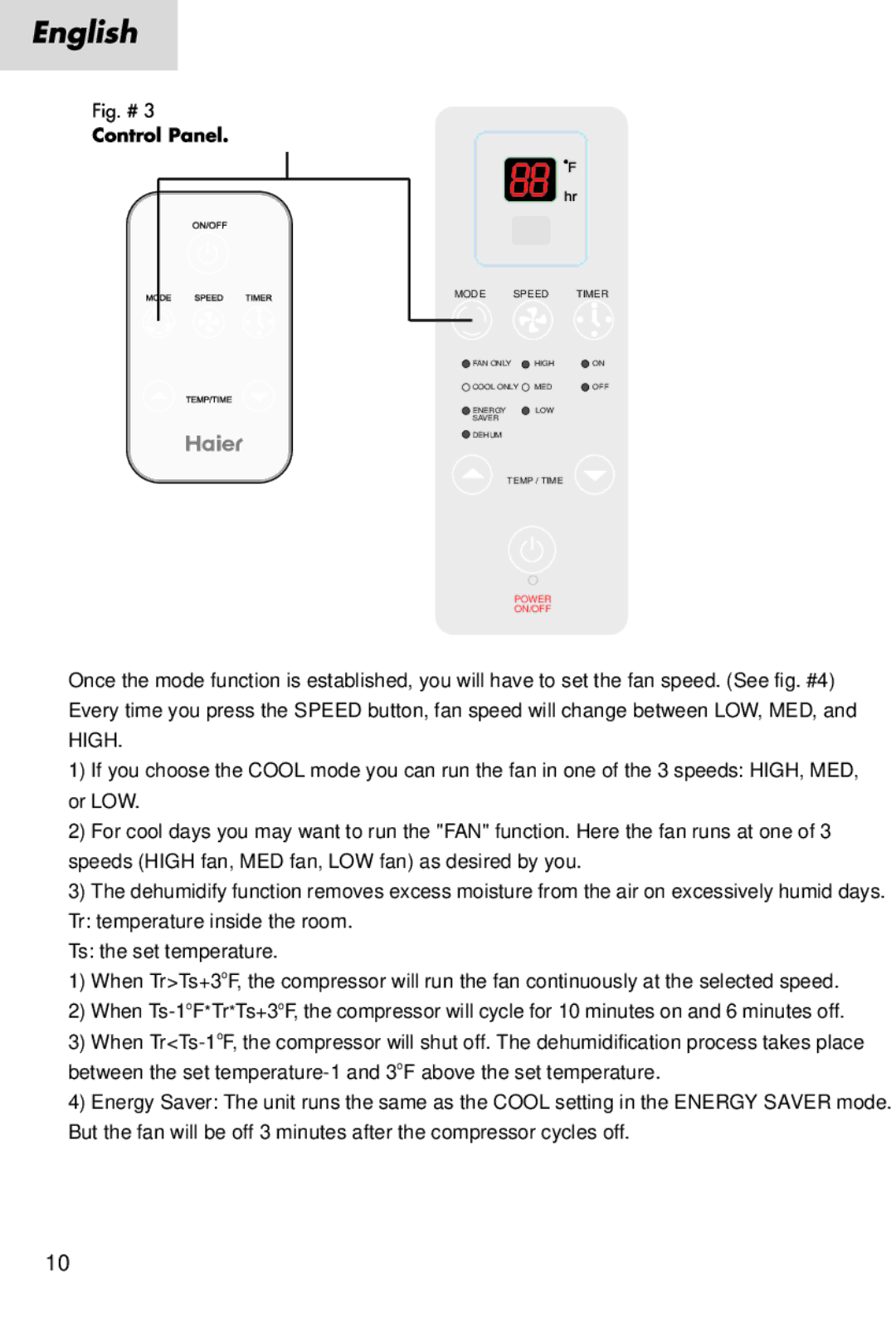 Haier ESA3067, ESA3087, HWR08XC7 manual Mode Speed Imer 