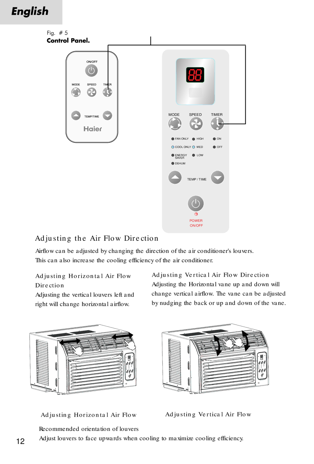 Haier HWR08XC7, ESA3067, ESA3087 manual Adjusting the Air Flow Direction 