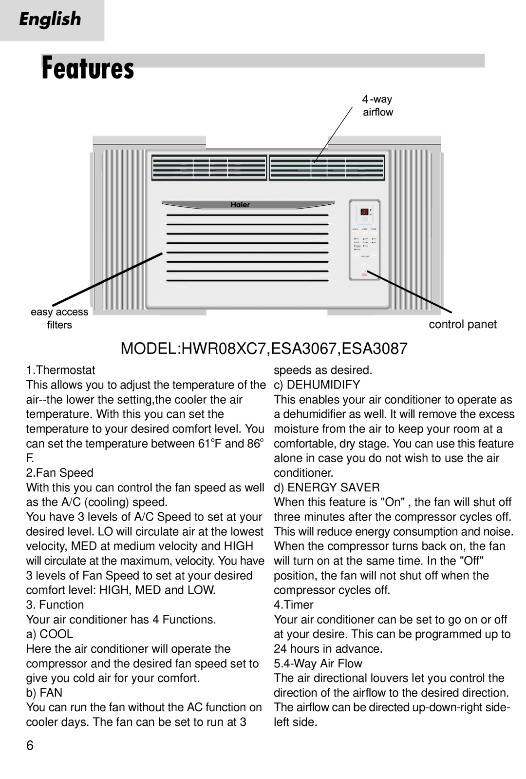 Haier manual MODELHWR08XC7,ESA3067,ESA3087 