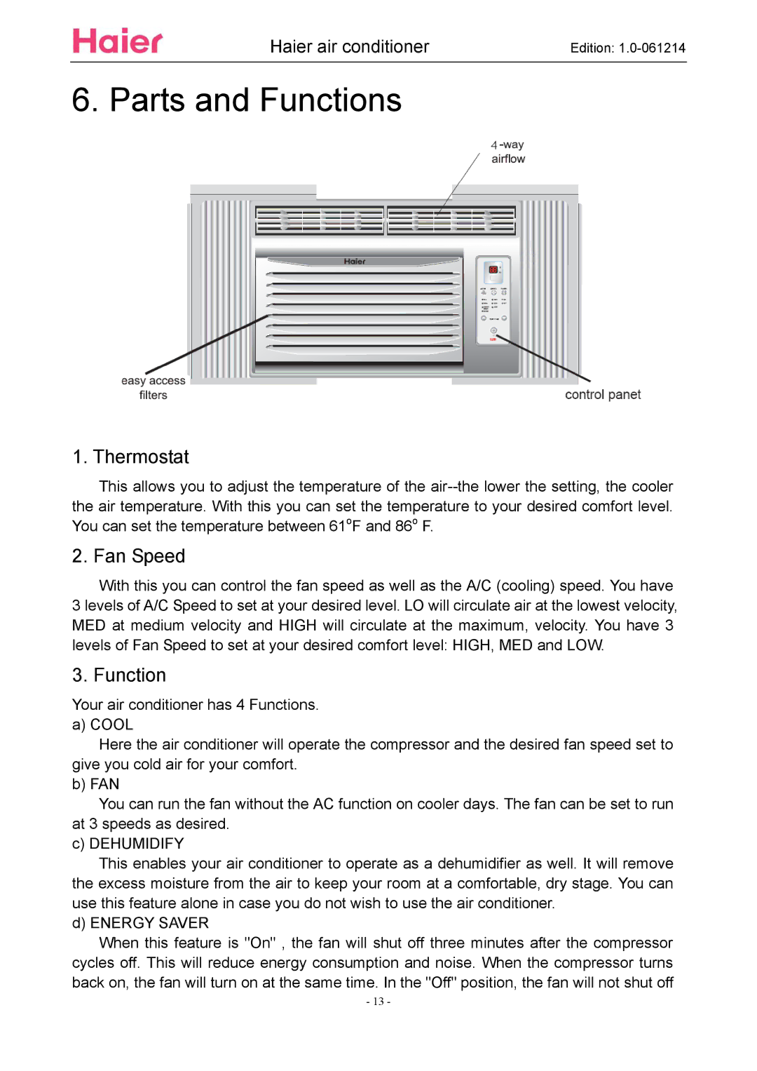 Haier ESA3087 service manual Parts and Functions, Thermostat, Fan Speed 