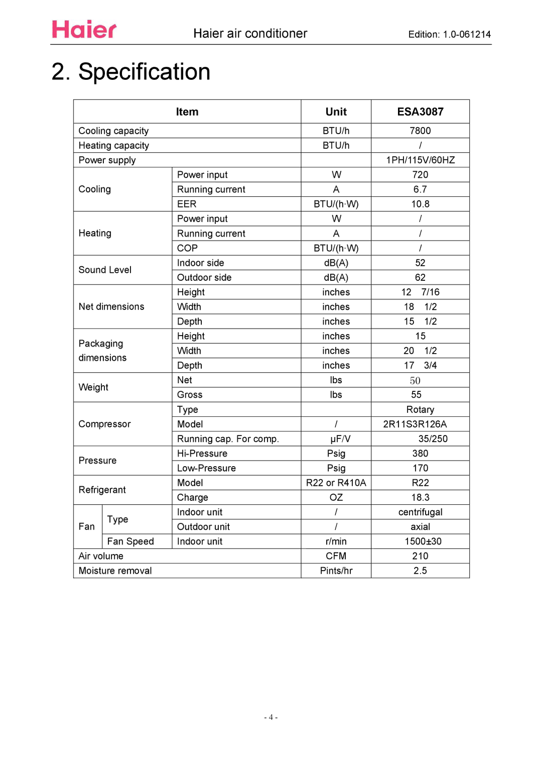 Haier service manual Specification, Unit ESA3087 