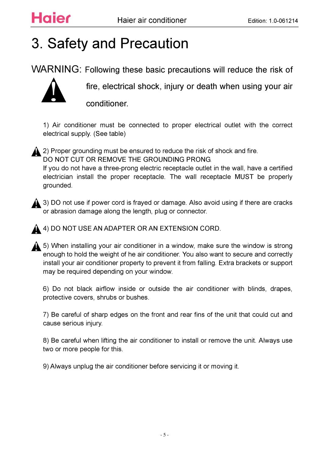 Haier ESA3087 service manual Safety and Precaution, Do not CUT or Remove the Grounding Prong 