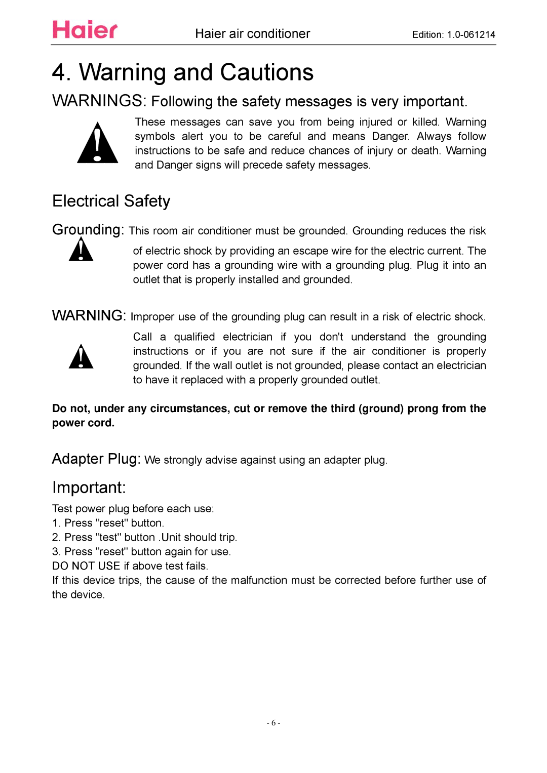 Haier ESA3087 service manual Electrical Safety 