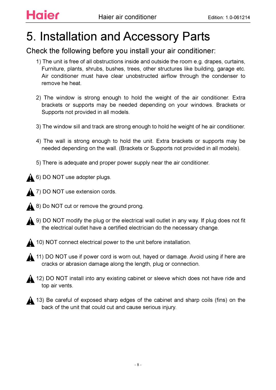 Haier ESA3087 service manual Installation and Accessory Parts, Check the following before you install your air conditioner 