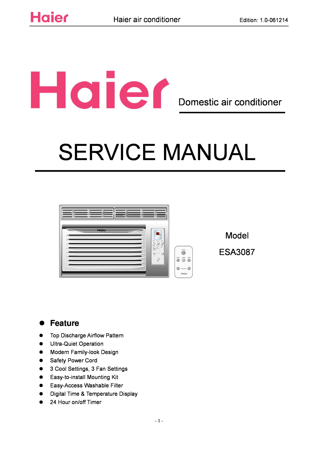 Haier service manual Domestic air conditioner, Model ESA3087, zFeature, Haier air conditioner 