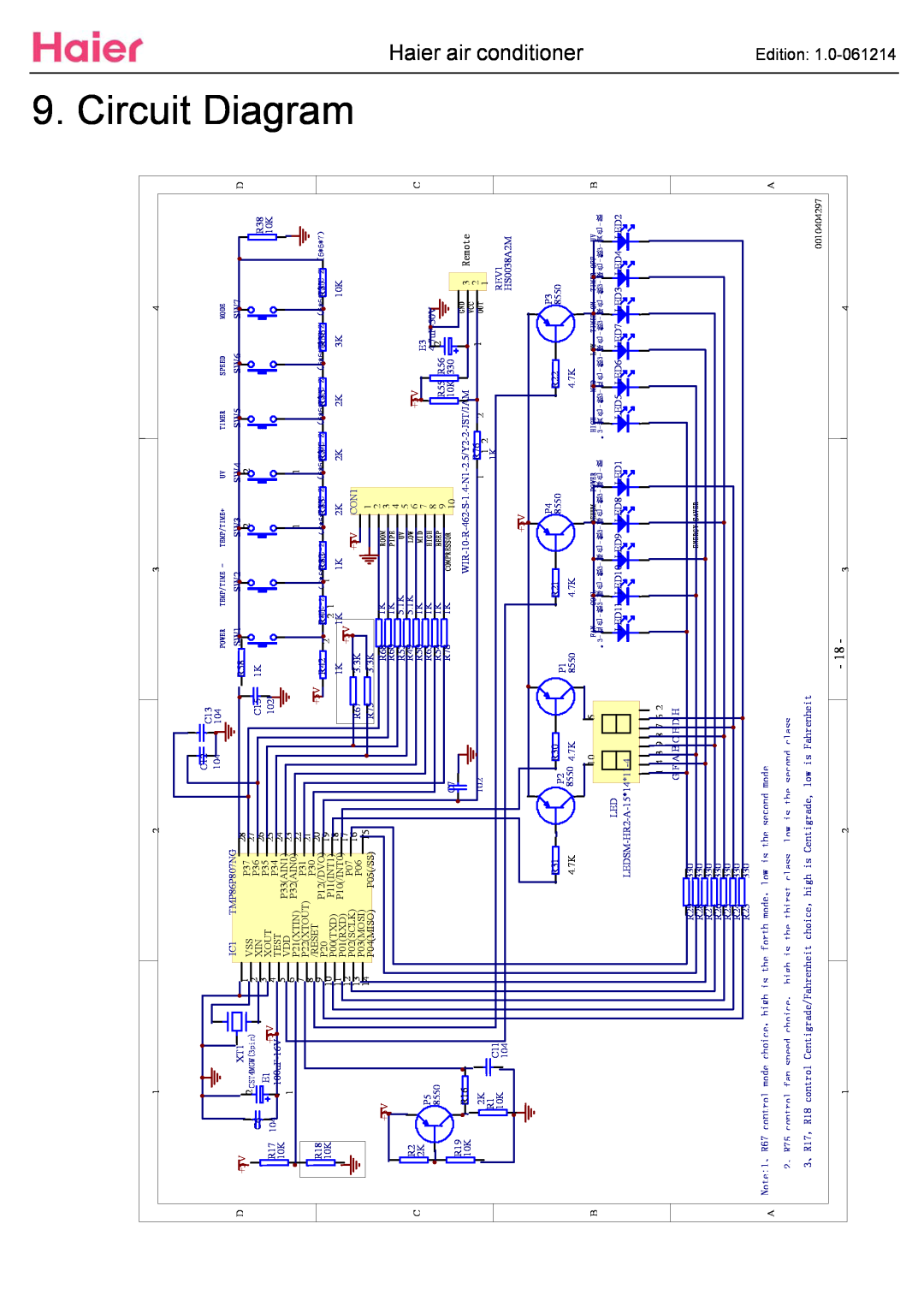 Haier ESA3087 service manual Circuit Diagram, aier air conditioner, D+5V, E1 +5V 100uF-16V, Remote 