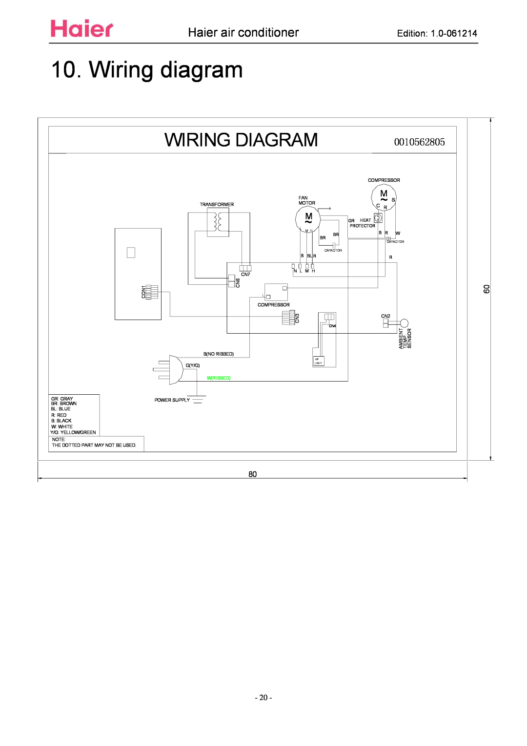 Haier ESA3087 service manual Wiring diagram, Wiring Diagram, Haier air conditioner, C~ S, 0010562805, Wribbed 