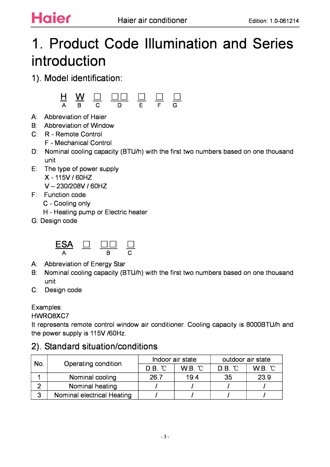 Haier ESA3087 service manual Model identification, Standard situation/conditions, Haier air conditioner 