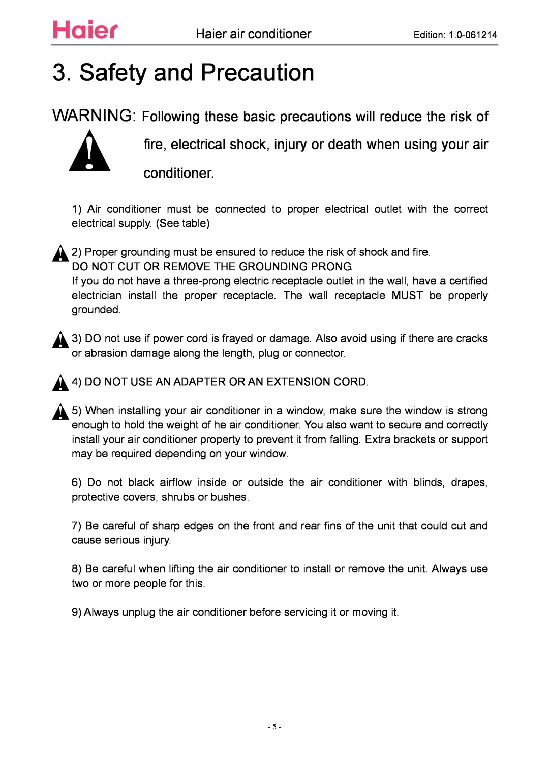Haier ESA3087 service manual Safety and Precaution 