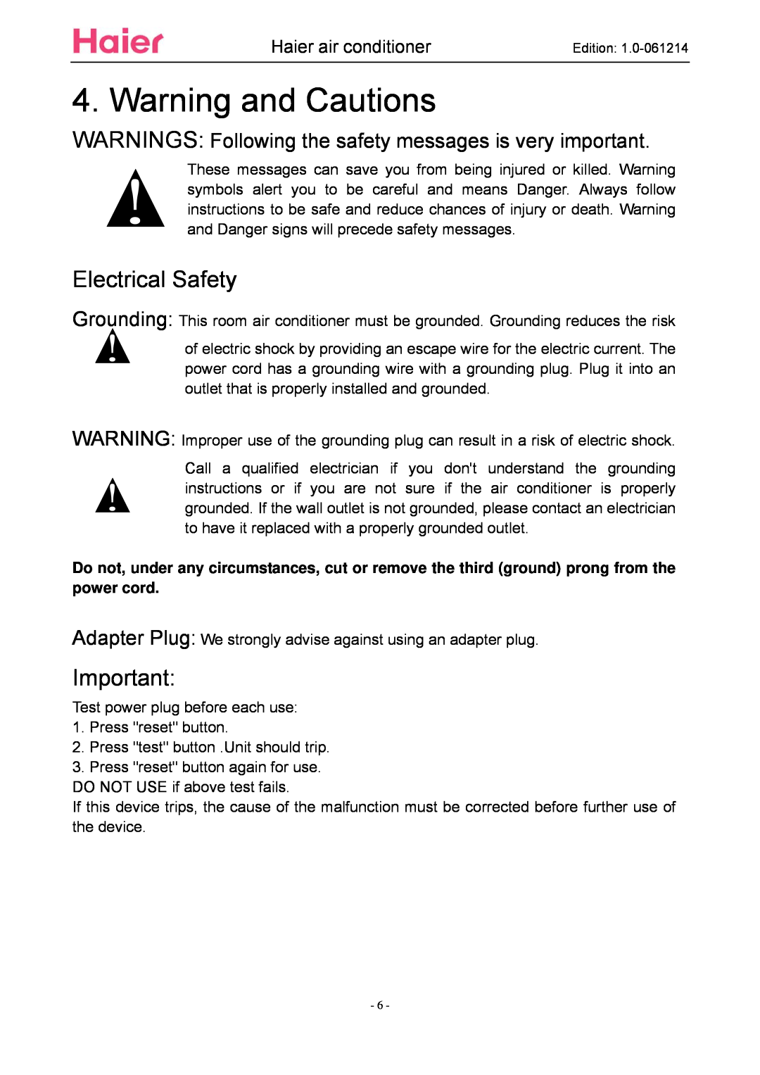 Haier ESA3087 service manual Warning and Cautions, Electrical Safety, Haier air conditioner 