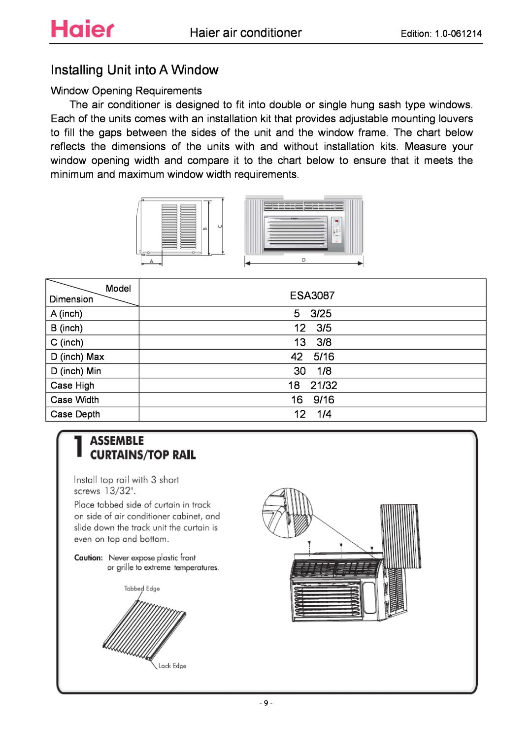Haier ESA3087 service manual Installing Unit into A Window, Haier air conditioner 