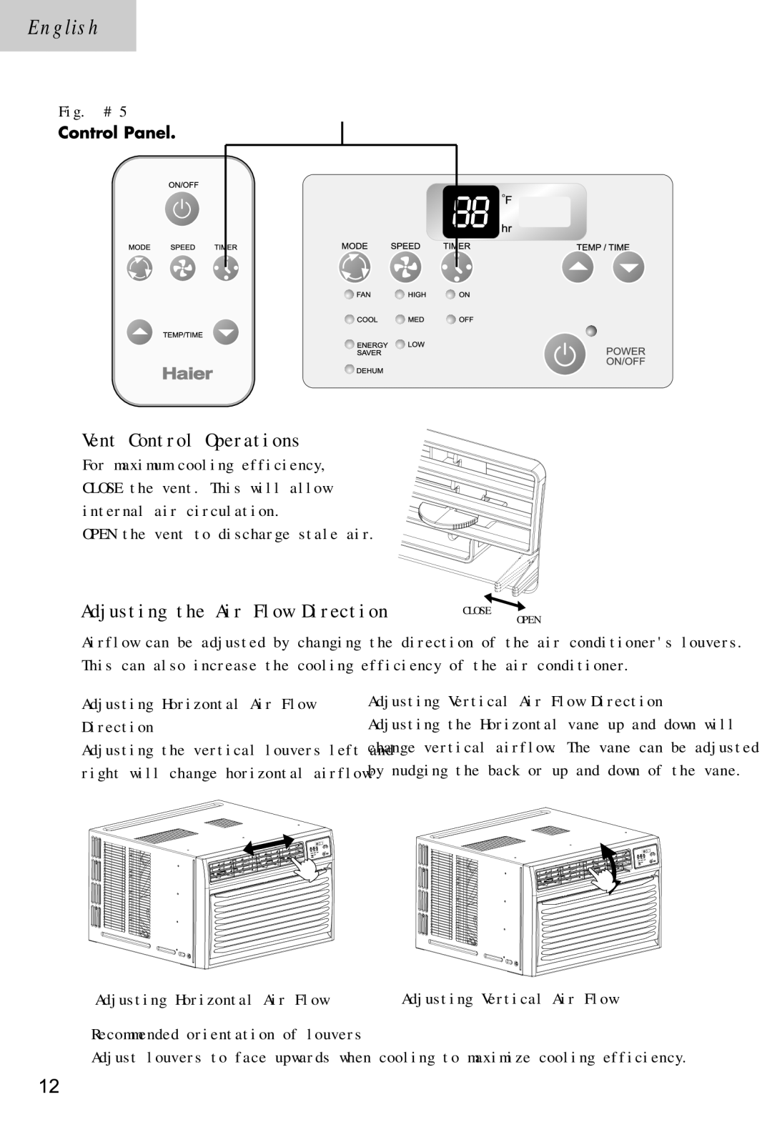 Haier ESA3105 manual Vent Control Operations 