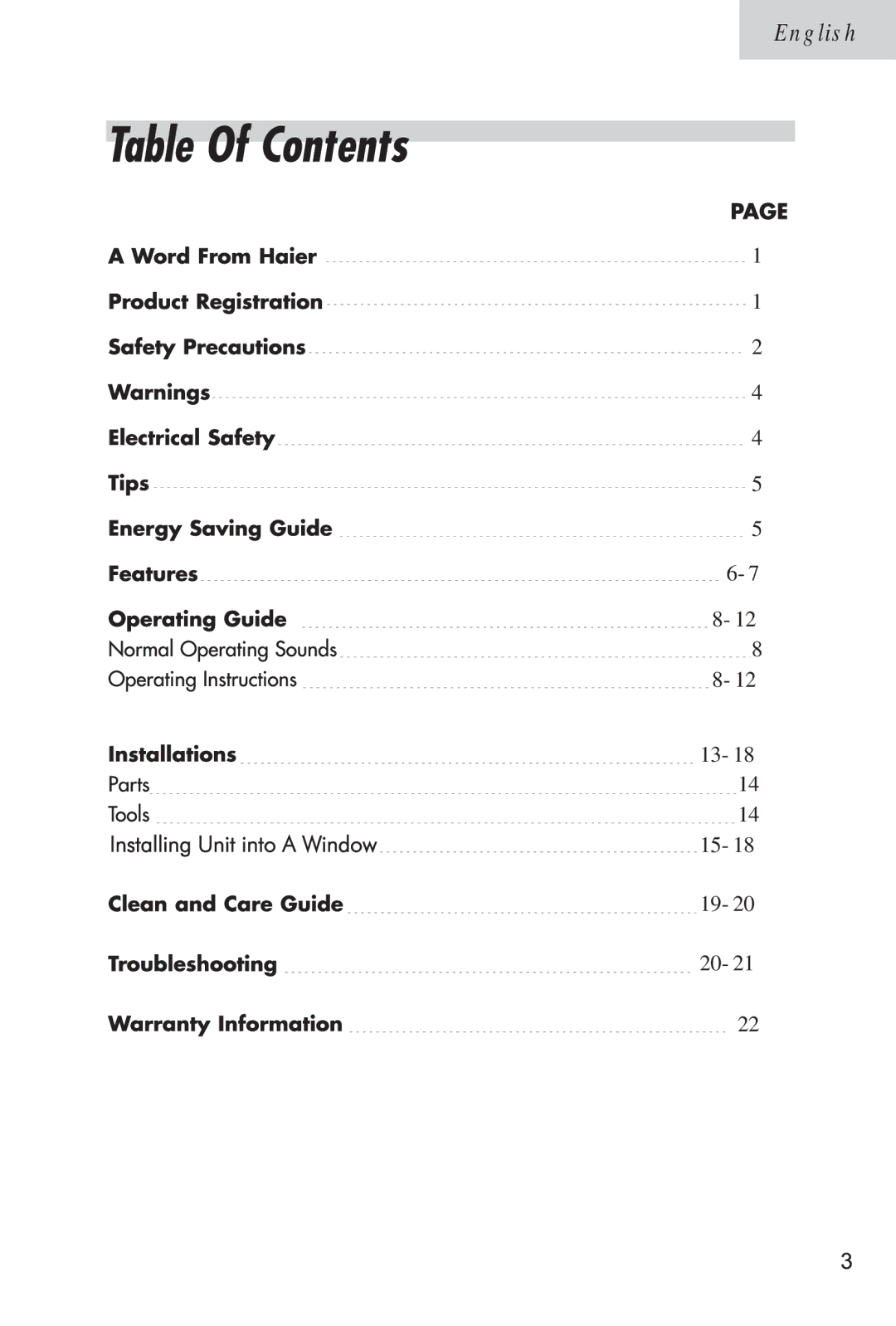 Haier ESA3105 manual 13-18 15-18 19-20 20-21 