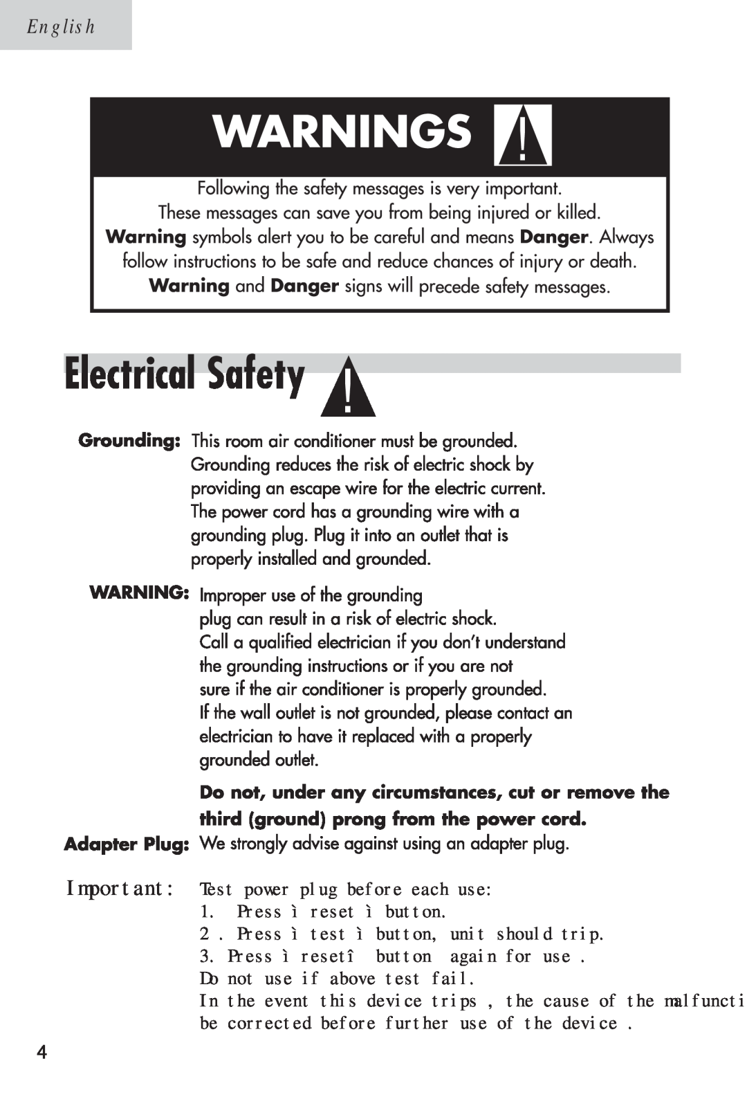 Haier ESA3105 manual English, Important Test power plug before each use, Press ìreset ìbutton 