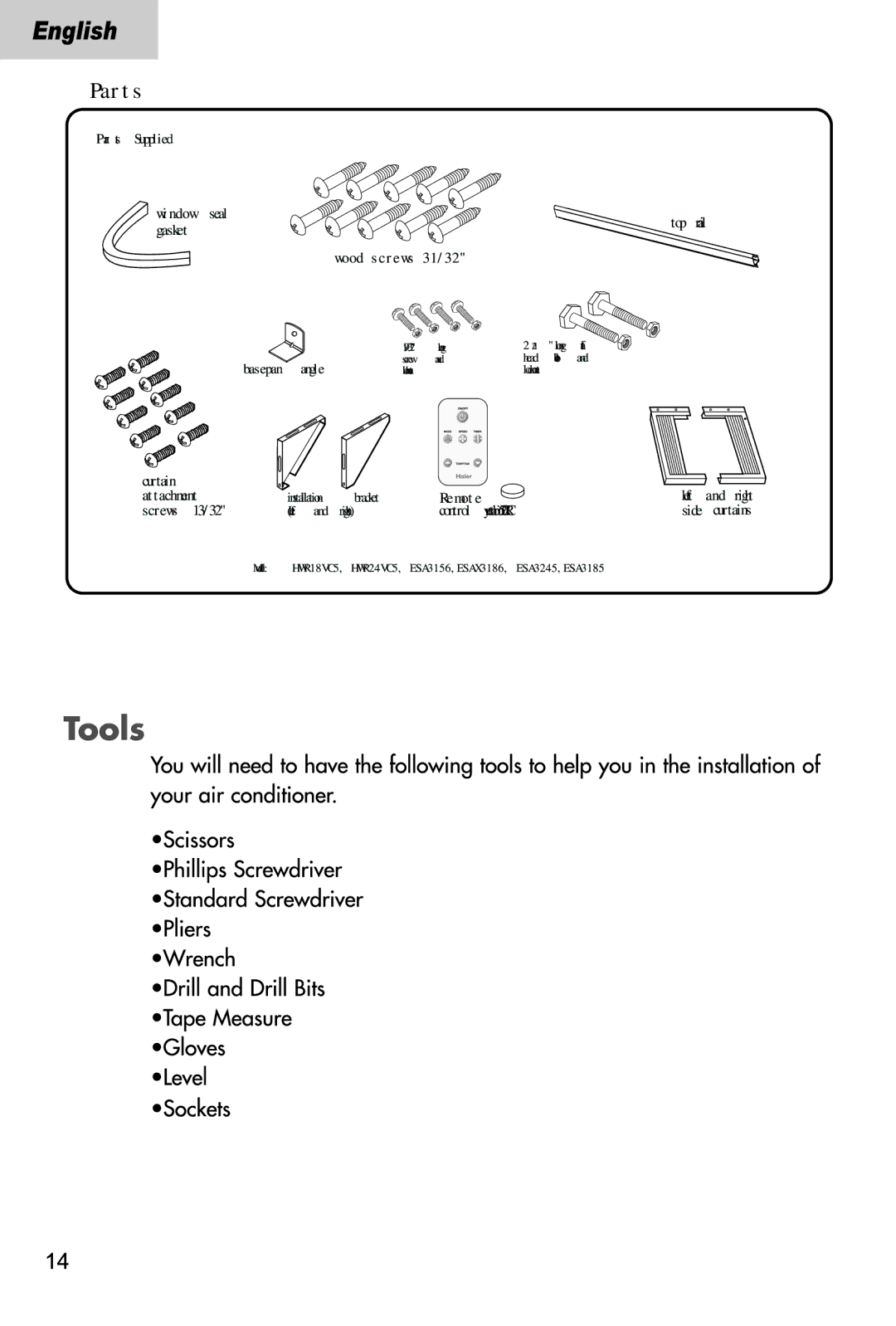 Haier ESA3245, ESA3185, ESAX3186, ESA3156, HWR24VC5 manual Parts 