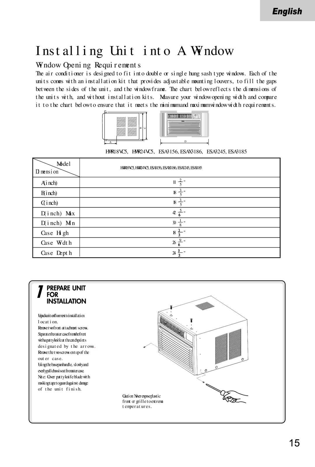 Haier ESAX3186, ESA3185, ESA3245, ESA3156, HWR24VC5 manual Installing Unit into a Window 