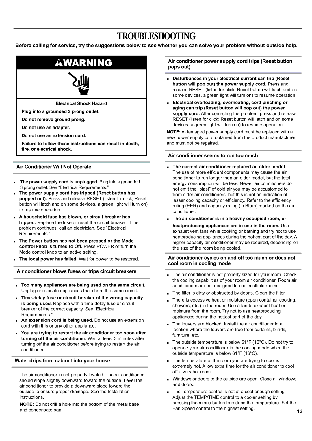 Haier ESA405K manual Troubleshooting, Air conditioner blows fuses or trips circuit breakers 