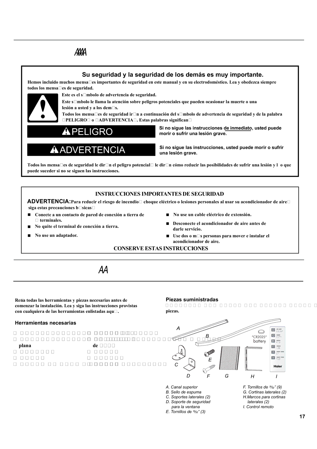 Haier ESA405K manual Seguridaddelacondicionadordeaire, Requisitosdeinstalación, Herramientasypiezas, Piezas suministradas 