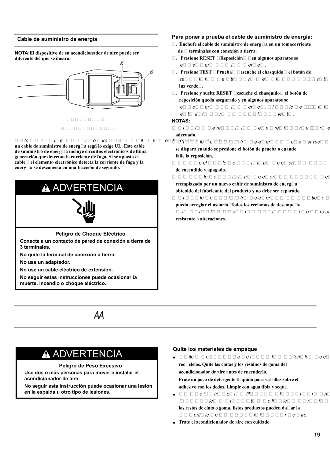 Haier ESA405K manual Instruccionesdeinstalación, Desempaqueelacondicionadordeaire, Cable de suministro de energía 