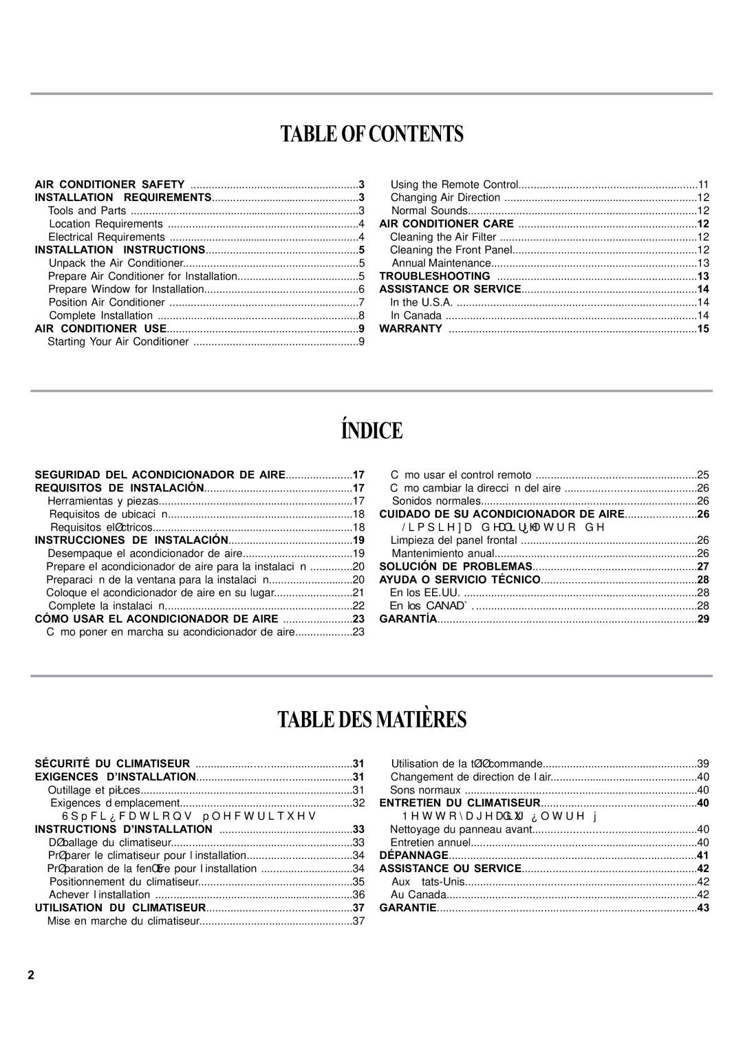 Haier ESA405K manual Tableofcontents, Índice, Tabledesmatières 