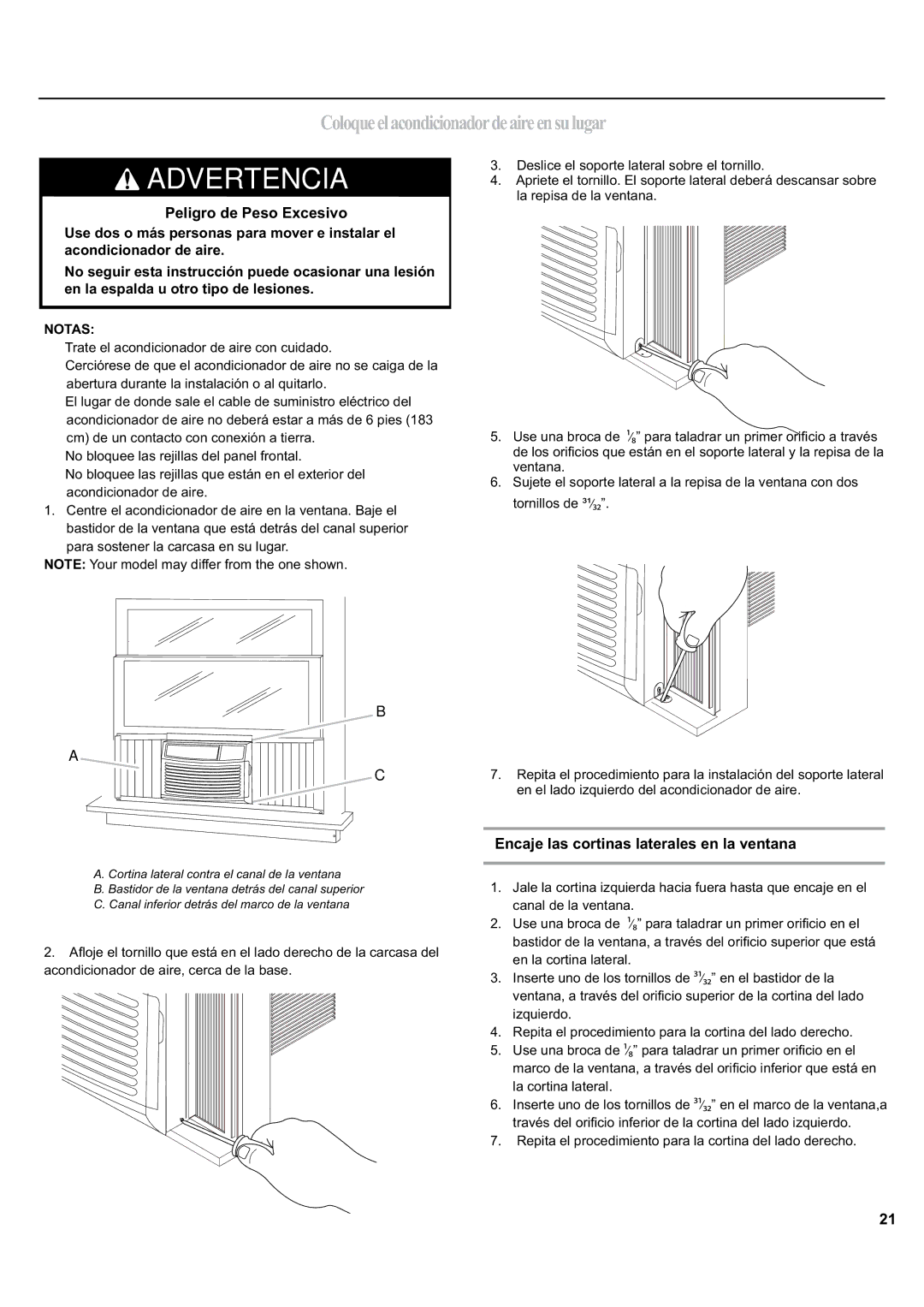 Haier ESA405K manual Coloqueelacondicionadordeaireensulugar, Peligro de Peso Excesivo 