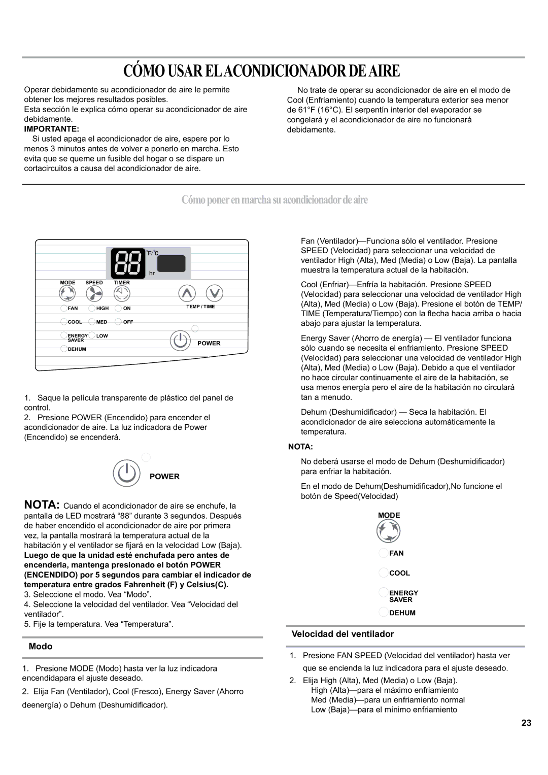 Haier ESA405K Cómousarelacondicionadordeaire, Cómoponerenmarchasuacondicionadordeaire, Modo, Velocidad del ventilador 