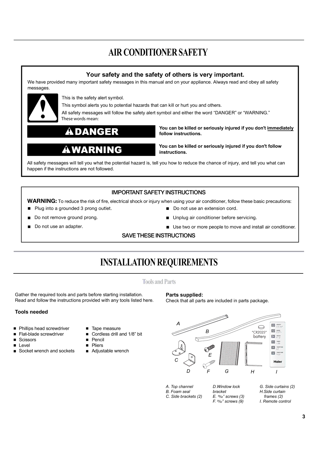 Haier ESA405K manual Airconditionersafety, Installationrequirements, ToolsandParts, Tools needed, Parts supplied 