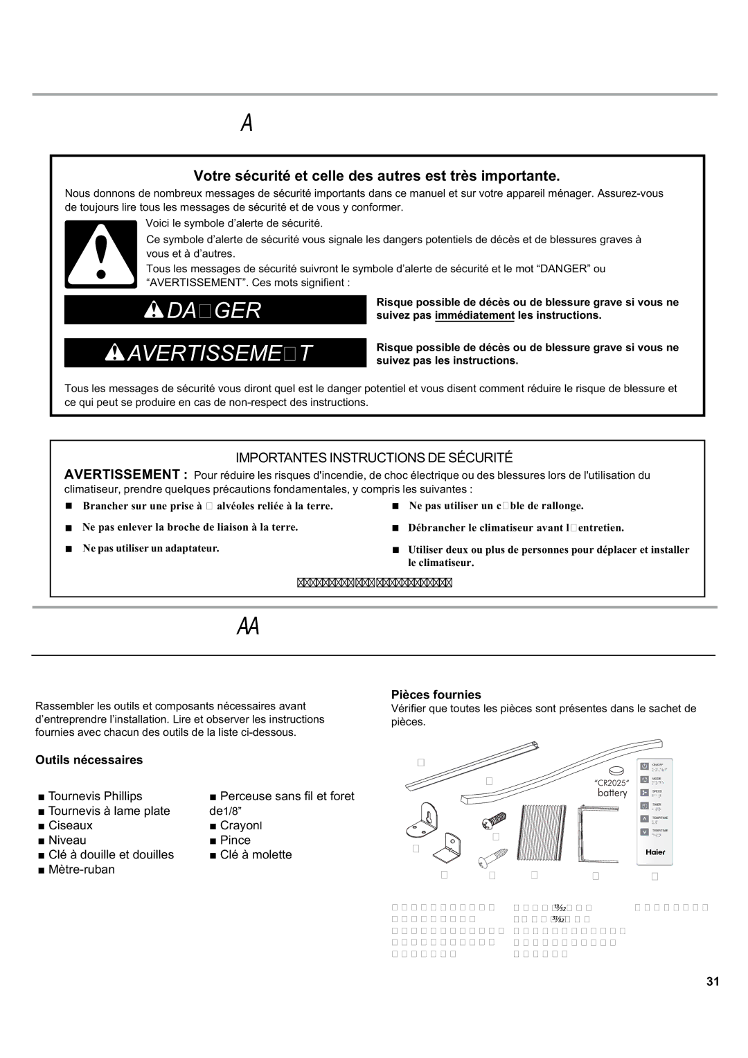 Haier ESA405K manual Sécuritéduclimatiseur, Exigencesd’Installation, Outillageetpièces, Outils nécessaires, Pièces fournies 