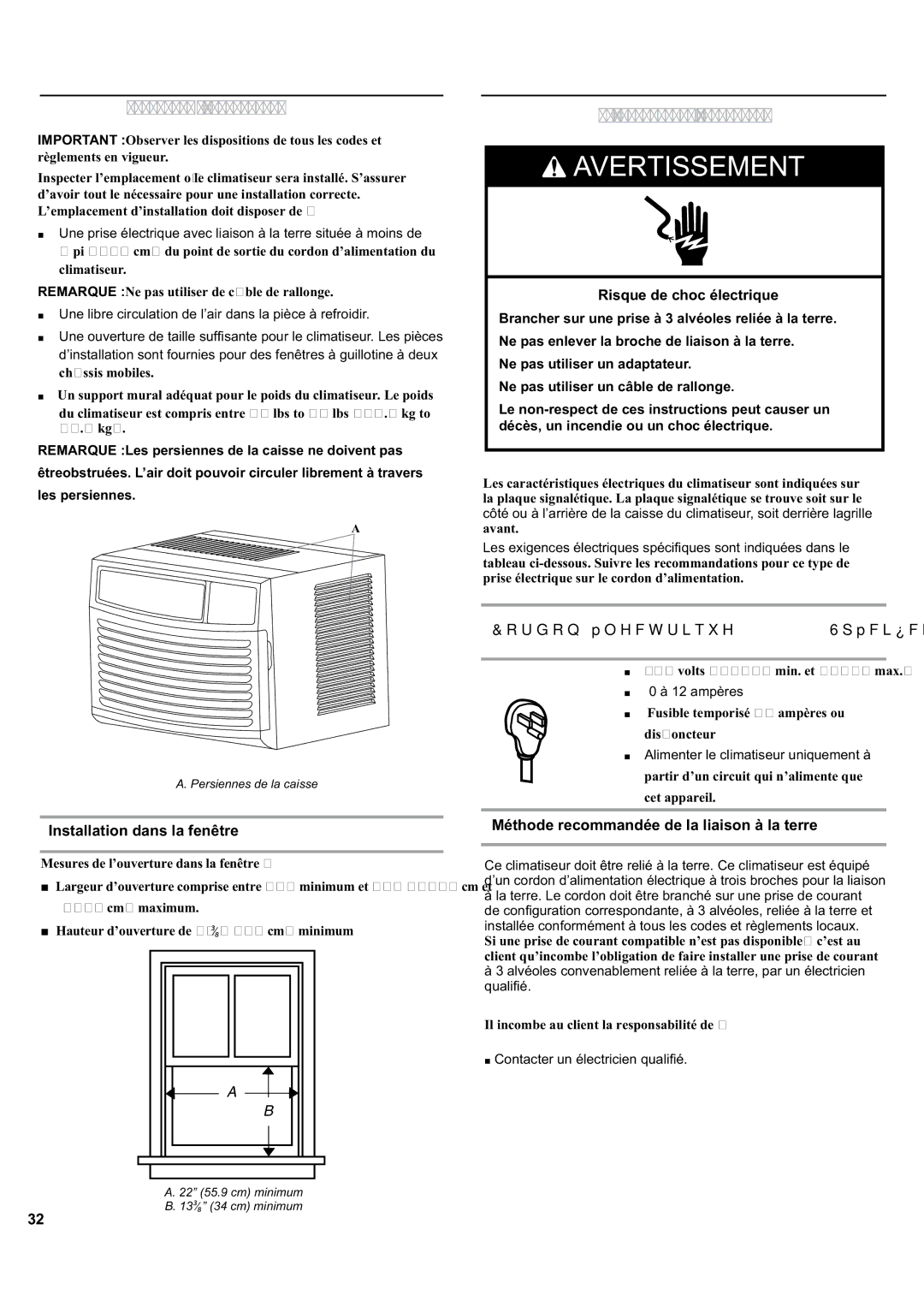 Haier ESA405K Exigencesd’emplacement, Spécificationsélectriques, Installation dans la fenêtre, Risque de choc électrique 