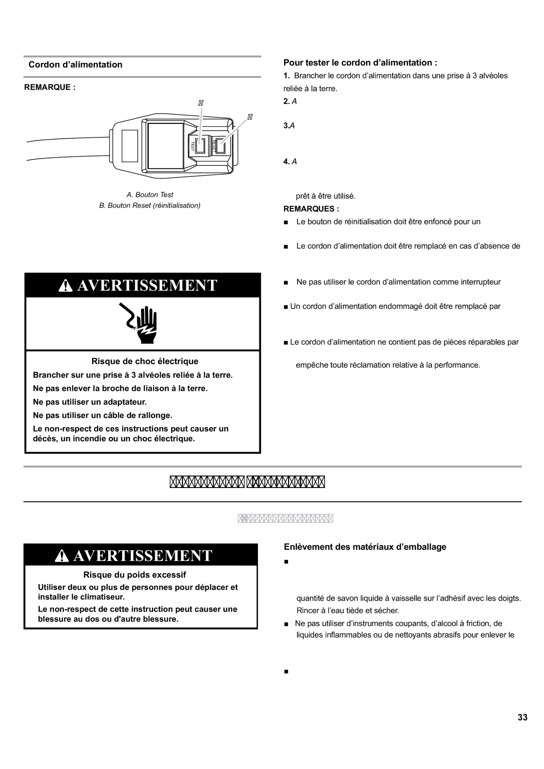 Haier ESA405K manual Instructionsd’Installation, Déballageduclimatiseur, Cordon d’alimentation 