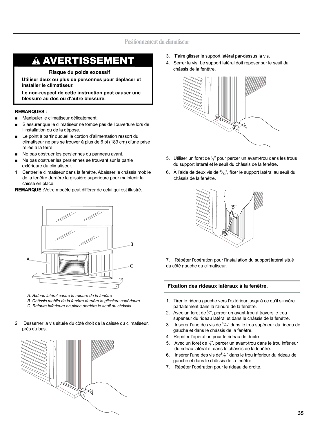 Haier ESA405K manual Positionnementduclimatiseur, Risque du poids excessif, Fixation des rideaux latéraux à la fenêtre 